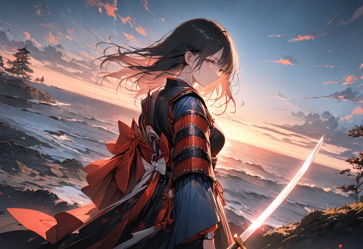 Woman turning her back,samurai,The woman has a sword,Raise your sword to the sky,Glowing Sword,Japanese sword,Japanese Armor,Glass clothes standing in the wilderness,horizon,Akatsuki masterpiece,Best Quality,Exquisite,8k,Absurd,Ultra-detailed illustrations,(Watch the audience),Angle from the side