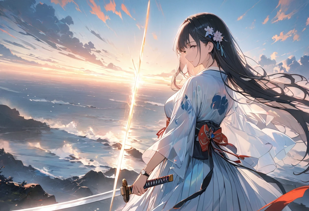 Woman turning her back,samurai,The woman has a sword,Raise your sword to the sky,Glowing Sword,Japanese sword,Japanese Armor,Glass clothes standing in the wilderness,horizon,Akatsuki masterpiece,Best Quality,Exquisite,8k,Absurd,Ultra-detailed illustrations,(Watch the audience),Angle from the side