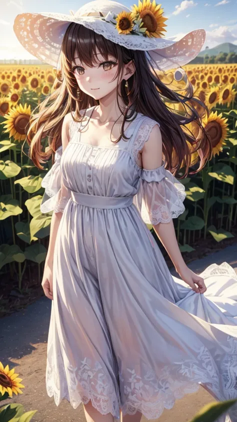 fuwa aika,1 girl,solitary, (white lace dress:1.2),flowing long skirt (sun hat:1.2), sunflower field, in the sun, a faint smile,l...