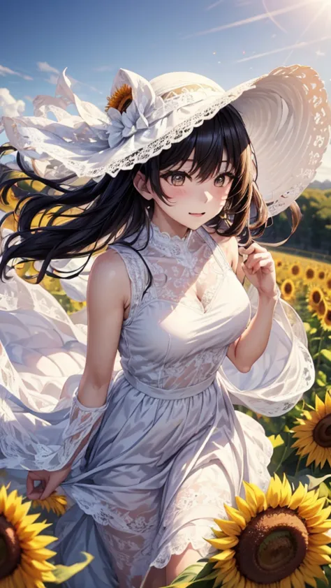 fuwa aika,1 girl,solitary, (white lace dress:1.2),flowing long skirt (sun hat:1.2), sunflower field, in the sun, a faint smile,l...