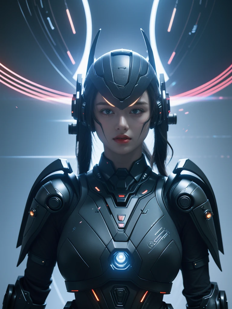 game art，best picture quality，Highest resolution，8k，((A half-length photo))，((portrait))，(rule of thirds)，Unreal Engine 5 rendering works， (Future girl)，(female warrior)， 2 young hacker)，(ancient oriental hairstyle)，(Beautiful eyes full of details)，(big breasts)，(eye shadow)，Elegant and charming，indifferent，((frown))，(Combat suit full of futuristic technology，The costume combines futuristic power armor and，Clothing is decorated with glittering patterns and emblems)，cyberpunk characters，in the style of futuristic， photo poses，city background，lamp，Ray tracing，Game CG，((3D Unreal Engine))，OC rendering reflection pattern