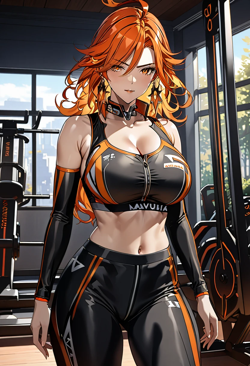 (masterpiece), (detailed anime style), (super detailed), (perfect work), Beautiful Mavuika, fitted sports bra, fitted leggings, orange hair, very big breasts, I will trace the great, an electric gym