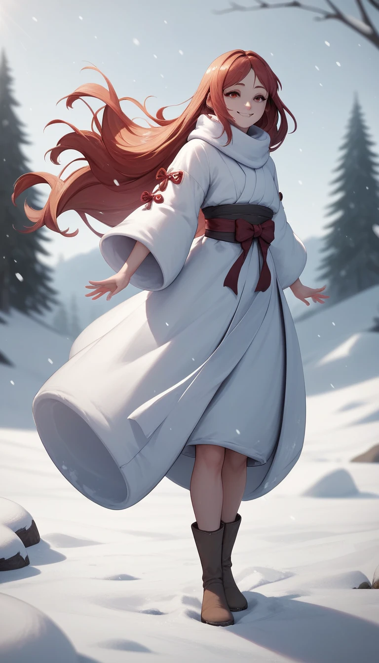 Best quality, 4K picture quality, 1girl, white Hanfu, snow, long hair fluttering in the wind, healing smile, large aperture, blurred background