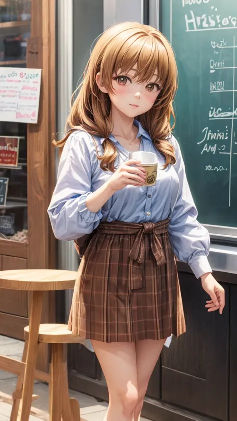 a lady holding a cup of coffee, anime girls in real life, realistic young anime girl, portrait of cute anime girl, cute and natu...