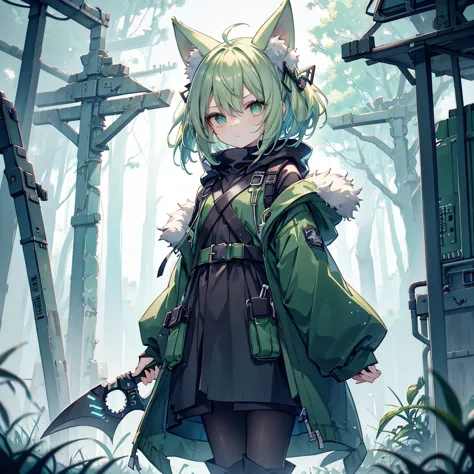 (long green rabbit ears), green animal ears, (1 girl), green hair, green eyes, bob cut,, frowning, flushed, grumpy, shy, young, ...