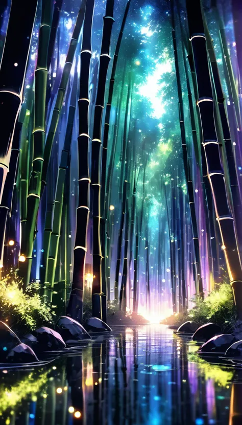 bamboo forest in dark night, delicate and sharp, clear contours, soft interior lighting, many small fireflies flying around, all...