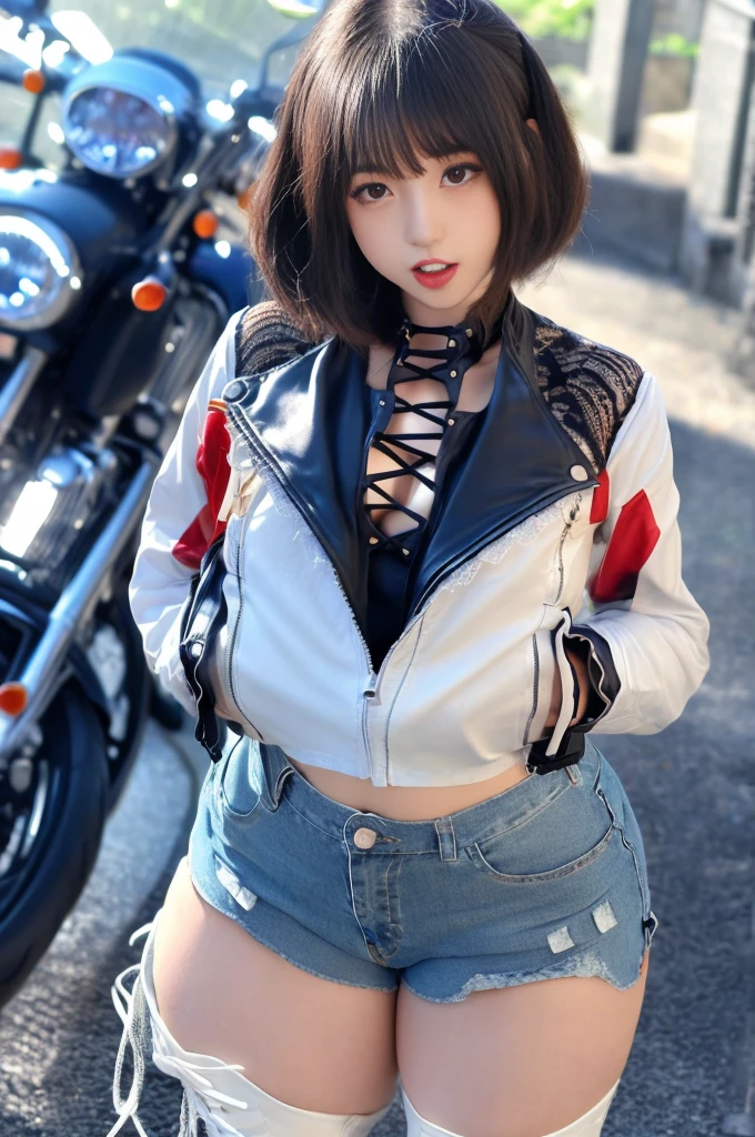 High resolution, 1 beautiful woman, High level of detail, Good lighting, despicable, hentai, killed、(((Motorcycle jacket over white shirt))), (High leg skinny denim shorts), delicate upper body、Muscular lower body、Slim upper body、(((Lace-up boots))),  (((thick thighs))), (nice long legs), Lipstick, nice face, sexually excited, (Full body photo), 