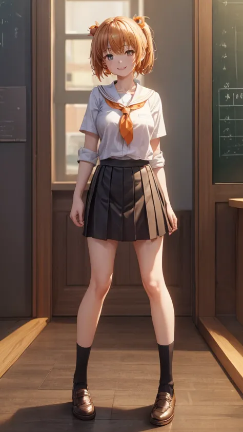 ((masterpiece)), (()), ((high resolution)), ((extremely detailed cg unity 8k wallpaper)), solitary, orange, black skirt, white s...