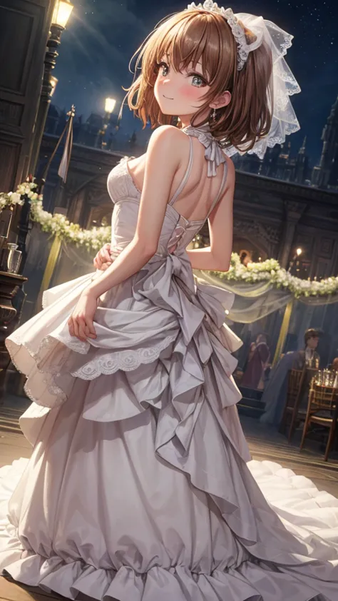 (, hd, masterpiece:1.2,), illustration, night, 1 girl, whole body, (wedding dress), arms behind your back, waiting for a kiss, l...