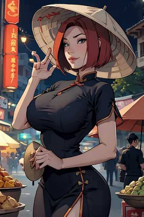 redhead, bob haircut, vietnamese hat, big breasts, china dress, tokio street market, night, full moon