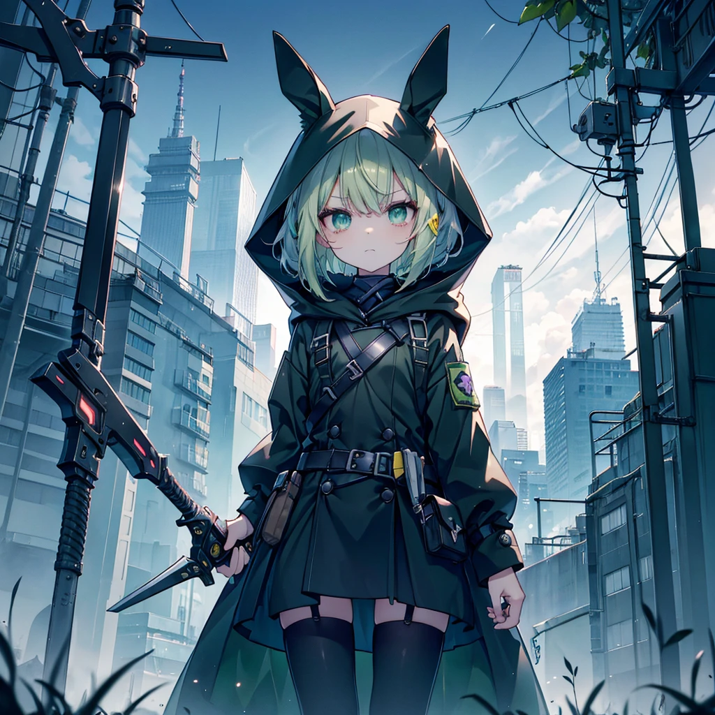 (long Green rabbit ears), green animal ears, (1 girl), green hair, green eyes, bob cut,, frowning, flushed, grumpy, shy, young, alone, Lolita, childhood, child, short, black hood, black rain coat, long boots, wide pants, harness, belt, pouch, with one Axe, midnight Forest, tiny, baby face, pastel academia, cel anime, Solo, cyber punk