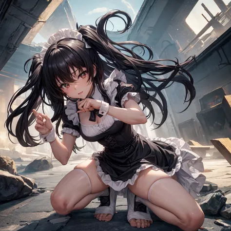 black long hair, wearing a maid outfit, kneel down, two legs and five fingers, more meat, cute 2d, background backlight hd