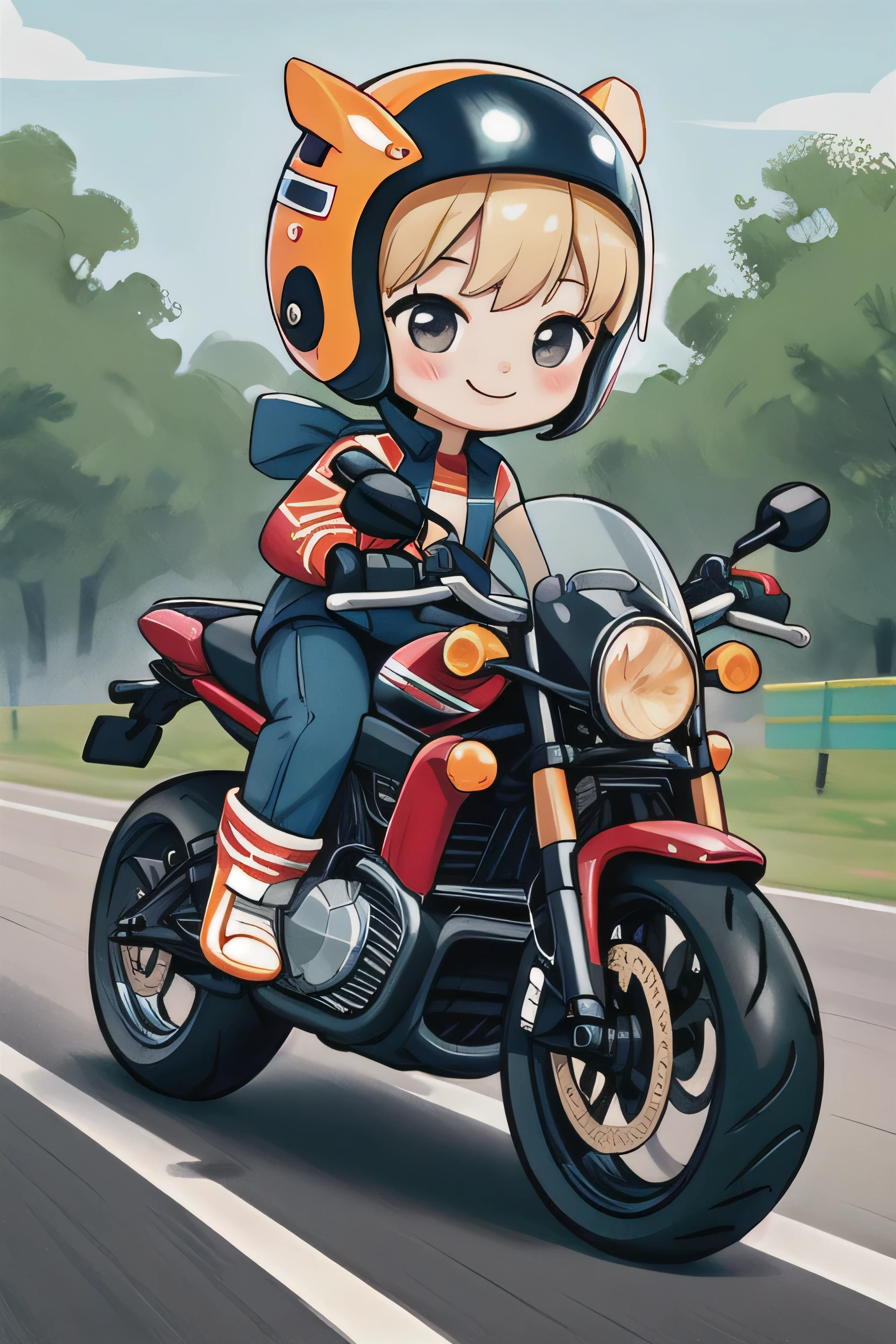 masterpiece,Best Quality,One young ,Chibi,Small Motorcycle,smile,speed,Motion Lines,helmet,