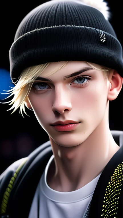 Meticulous, analog style, focus on the eyes, highest quality, highly detailed skin), photo of very handsome pale skin Dutch punk boy, 2, wearing beanie, perfect face, pore skin, penetration , black background, bokeh , sharp focus, grainy lighting, backlight , film grain, photographed with Sony A7R IV camera, 18mm F/1.7 cine lens, highly detailed, intricate detail, 8k, HDR, front view, upper body .