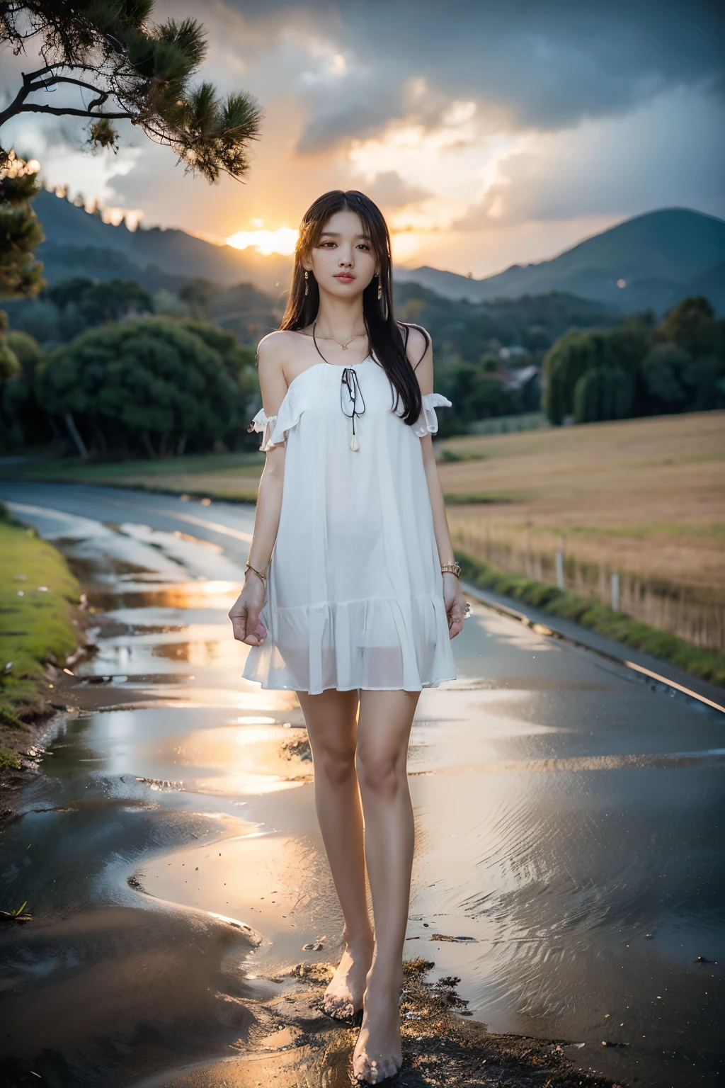 (((best quality))),(((ultra detailed))),(((masterpiece))),illustration,((1 beautiful girl,solo)),((slim,thin,flat chest)),(shoulder length straight hair:1.2),flowing hair,fair skin,(shiny skin:1.3),detailed eyes,laughing,(shirt-dress:1.3),delicate necklace,grass,dewdropletts,trees,bird chirping,serenity,gratitude,awe,wonders of nature,peace,contentment,magnificent world,summer,(pitch-dark dawn:1.5),(night scene:1.3),((full body,from front)),after rain,(wet:1.3),standing,on the path,At the mountaintop,confident gaze,elegant posture,mysterious atmosphere,solemn mood,dawn approaching,detailed decorations,(sunrise:1.3),(cloudy sky:1.2),rainbow,(Rural Landscape:1.2),horizon,slender legs,sneakers,arms behind back