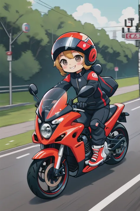 masterpiece,best quality,one young ,chibi,small motorcycle,smile,speed,motion lines,helmet,