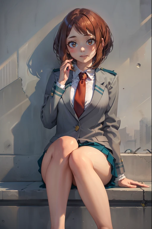 Ochaco is a  girl with a curvaceous figure., Fair skin, Reddish brown hair and matching eye color,. Her cheeks have a perpetual pink blush, And her eyes are big and round、spread　legs、show　white　panties,Thick upper eyelashes, Two more lines on each side that stそして out.、and fewer, but more distinct, lower lashes.. Her hair is shoulder-length、at school, She is a normal U.Become familiar.  Uniform. Put on a grey dress jacket, Two teal stripes, Two creased pockets, 