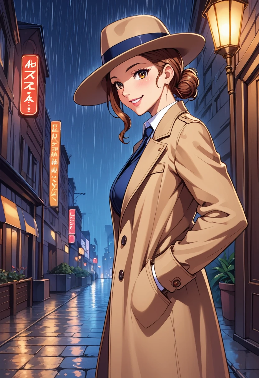 detailed illustration (side view),dynamic angle,ultra-detailed, illustration, pose for the camera, smiling at viewer, clean line art, shading, anime, 2020’s anime style, detailed eyes, detailed face, beautiful face standing on a sidewalk, Detective, trench coat, fedora hat, Johnny dollar inspired, Philip Marlow inspired, 1940’s, woman, in a suit a coat, night, rain, brown hair, hard boiled, female fatale vibes.