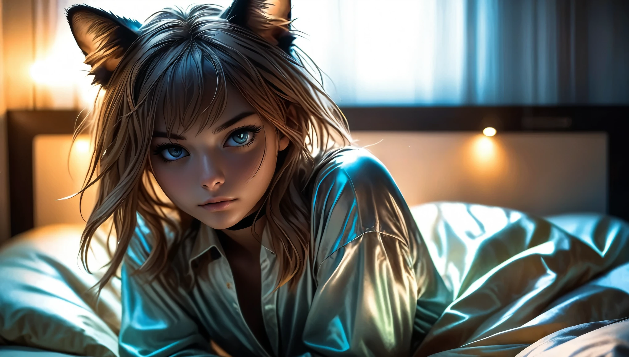 ((barely legal girl, with cat ears and choker, in an oversized thin shiny shirt with plunging cleavage, wide neckline, small perky breasts, beautiful detailed half-closed cat eyes, beautiful detailed lips, small pout mouth, extremely detailed face, tanned skin, random long hairstyle, small hips, next to a bed with silk sheets, fear on the face)), moody atmosphere, dramatic and random colors, futuristic setting, intricate details, night, backlight, full body shot, atmospheric perspective, view from a distance, random pose