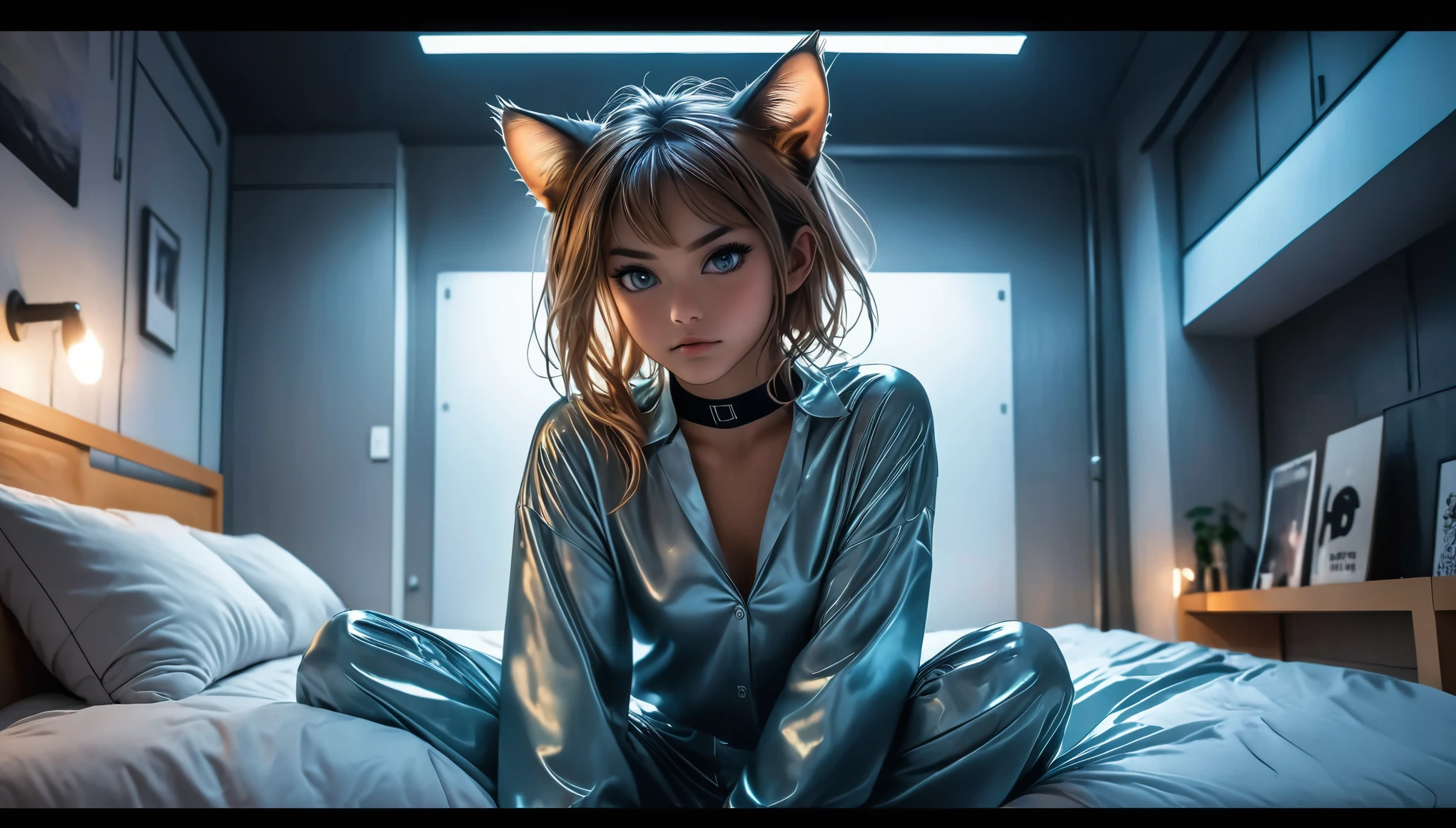 ((barely legal girl, with cat ears and choker, in an oversized thin shiny crop shirt with plunging cleavage, wide neckline, small perky breasts, beautiful detailed half-closed cat eyes, beautiful detailed lips, small pout mouth, extremely detailed face, tanned skin, random long hairstyle, small hips, next to a bed with puffer sheets, fear on the face)), moody atmosphere, dramatic and random colors, futuristic setting, intricate details, night, backlight, full body shot, atmospheric perspective, view from a distance, random pose