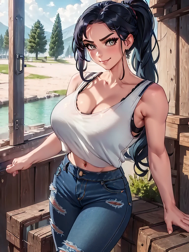 Tank top, bra, ponytail with side bangs, smirk, denim shorts, leggings, 