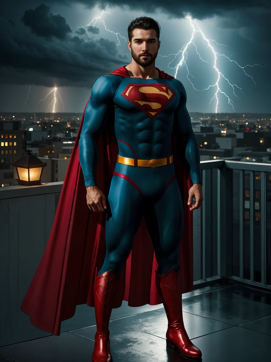 1man, A full body shot of a charismatic male fitness model, 30 years old，small beard, Sexy and charming expression，gloomy eyes，Blue eyes, captured on city rooftop edge, Dark clouds lightning background, wetclothes, dressed in tight blue Superman suit, a red cape falls behind his shoulders, and he wears red boots, soft natural lighting, cinematic and moody, (best quality,4k,8k,highres,masterpiece:1.2),ultra-detailed,(realistic,photorealistic,photo-realistic:1.37),HDR,studio lighting,professional,vivid colors,dramatic lighting