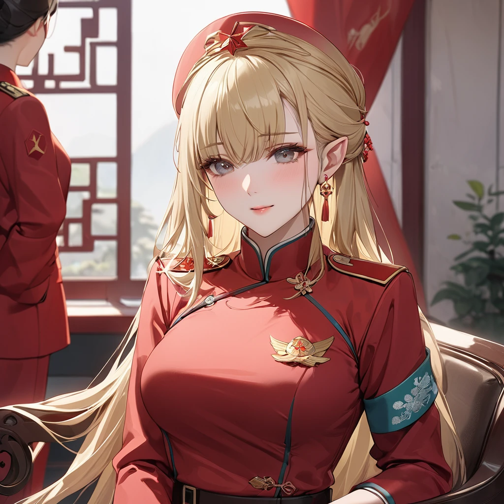 ((Best Quality)), ((masterpiece)), (detailed), （Perfect Face）、The woman is Seras Ashlain, a high elf with medium-long blonde hair, dressed in the uniform of a Chinese Communist Party member, adorned with luxurious jewelry and an engagement ring.、A woman becomes a member of the Chinese Communist Party, a member of the great Chinese people in body and soul, and a Chinese lady.