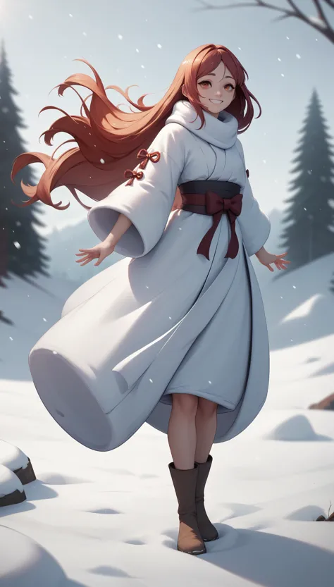 best quality, 4k picture quality, 1girl, white hanfu, snow, long hair fluttering in the wind, healing smile, large aperture, blu...