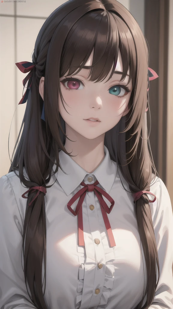 masterpiece,Best Quality,Very detailed,High resolution,4k Portraiture,8k Portraiture,Anime screenshots, Portraiture,One person, Alone, Kuo Shenlin, Heterochromia iridis, brown hair,Long Hair, Hair Ribbon, Yurigaoka Girls&#39; Academy uniform, White knee socks, Large Breasts, Large Breasts,Huge hips,Thick thighs,(((nsfw))) , (((busty))),1girl, sensual body, Her cheeks flushed , smile , tongue out , open mouth , heart-shaped eyes , looking at viewer ,((vaginal )),((sex)), penis ,garter belt, , standing in front of a full-length mirror taking a (Selfie:1.5), making a playful pose with one foot raised and a cheeky grin, at a luxury europe hotel, Transparent lingerie