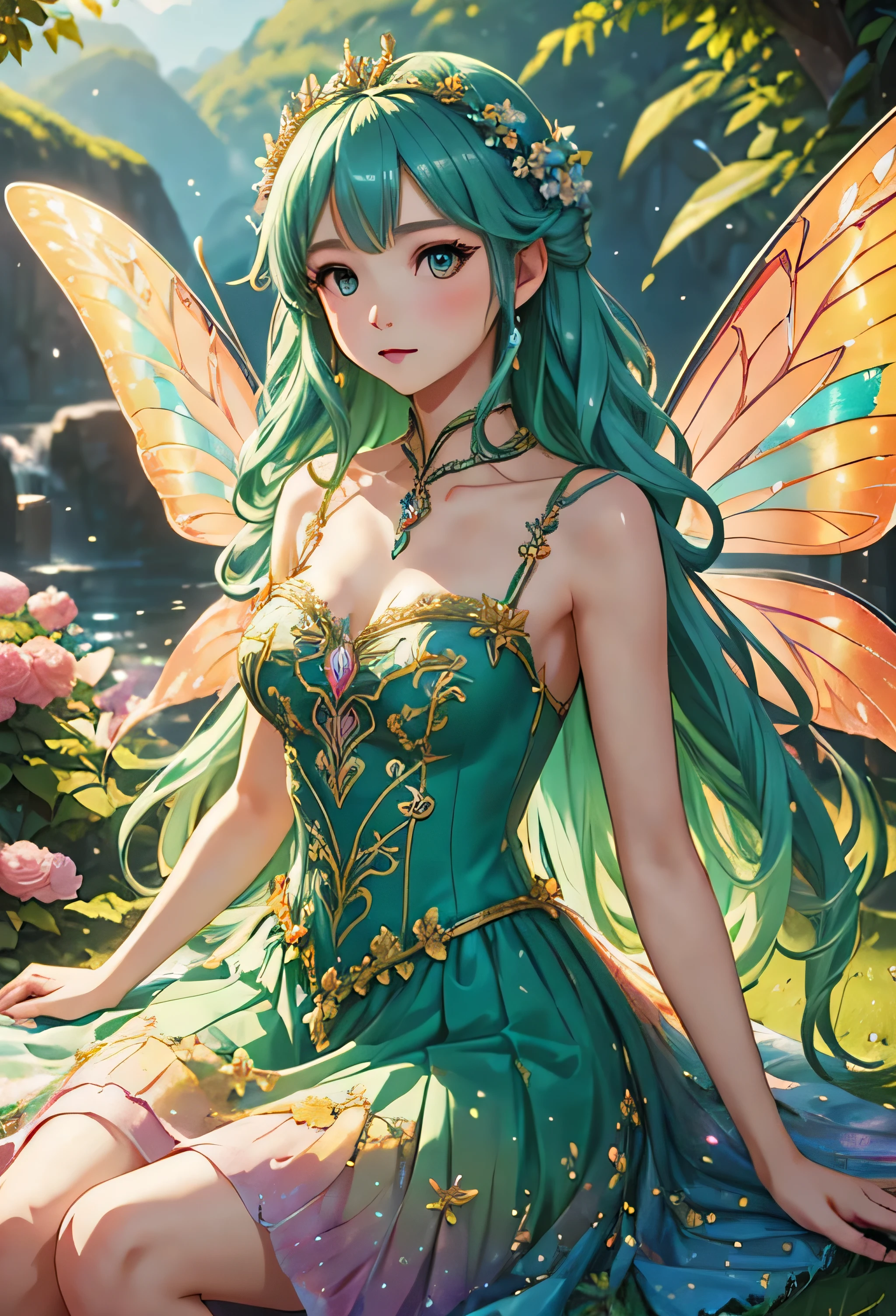 Young woman sitting on a throne of roses, fairy princess, prismatic background, facing the camera, piercing gaze, rainbow eyes, rainbow dress, jeweled dress, extravagant jewelry, multi-colored wings, symmetrical wings, medium close up