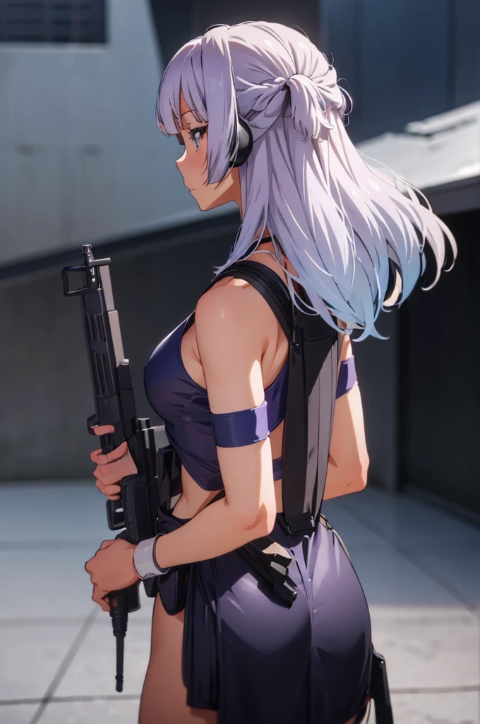 Imperial Guard Combat Uniform Swimsuit, o-ring bikini, v gundam, swimsuit, absurdres, highres, solo, cowboy shot, 1girl, neneka nibrou \(cosplay\), wristband, headphone, holster, backpack, holding gun, aiming, perfect hands, wind, (highres,best_quality,masterpiece), small breast, Sakayanagi Arisu, silver hair, purple eyes, bangs, medium hair, bow, from behind, ass, from back, looking from back, view from back