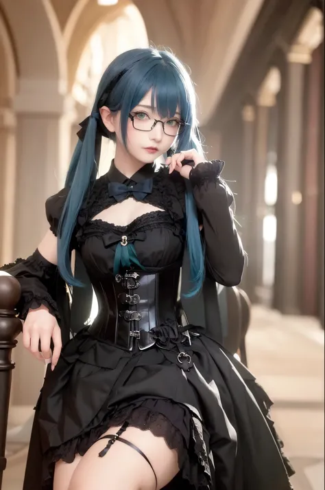 (masterpiece, best quality), one girl, small breasts, smallヒップ, green eyes, blue hair, black corset, lace skirt, garter belt, bl...