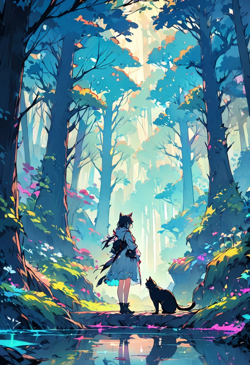 scenery,echanted forest,cat,bright color,nature,dreamy,masterpiece,best quality