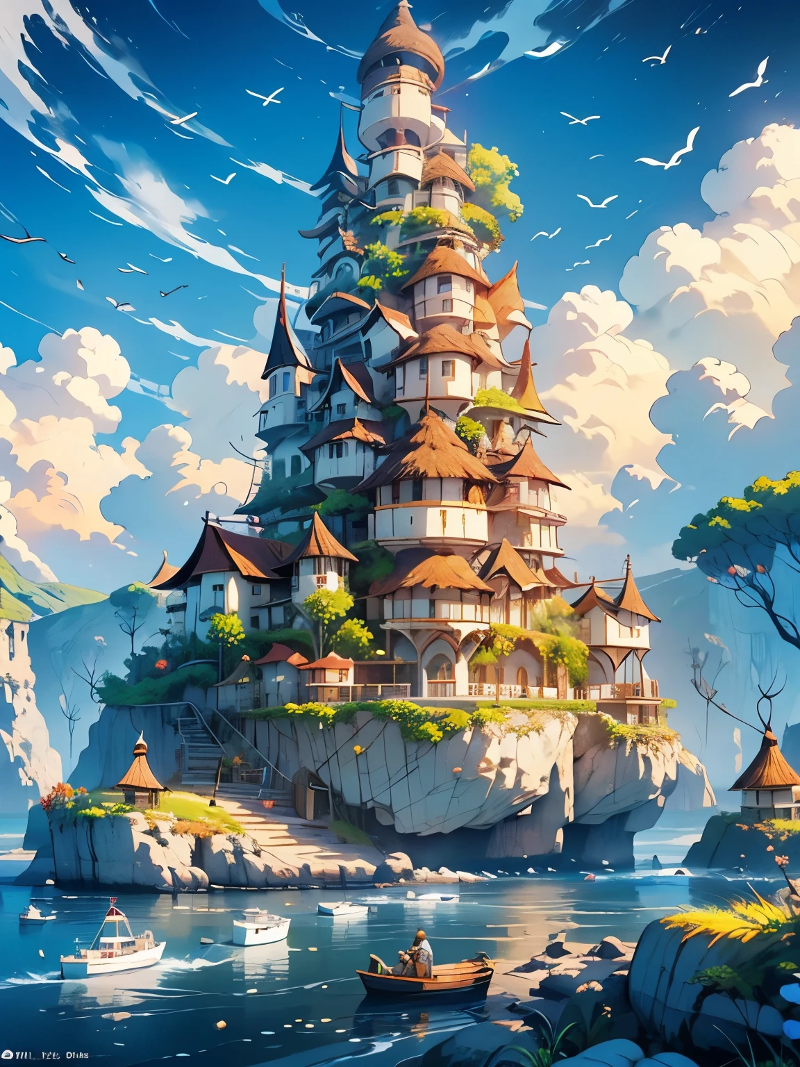 Fantasy Kawasi style coastal village painting, Render in Cinema4D, Bulbous, Precise nautical details, Creative character design, Whimsical cartoon style, 32k uhd --ar 2:1