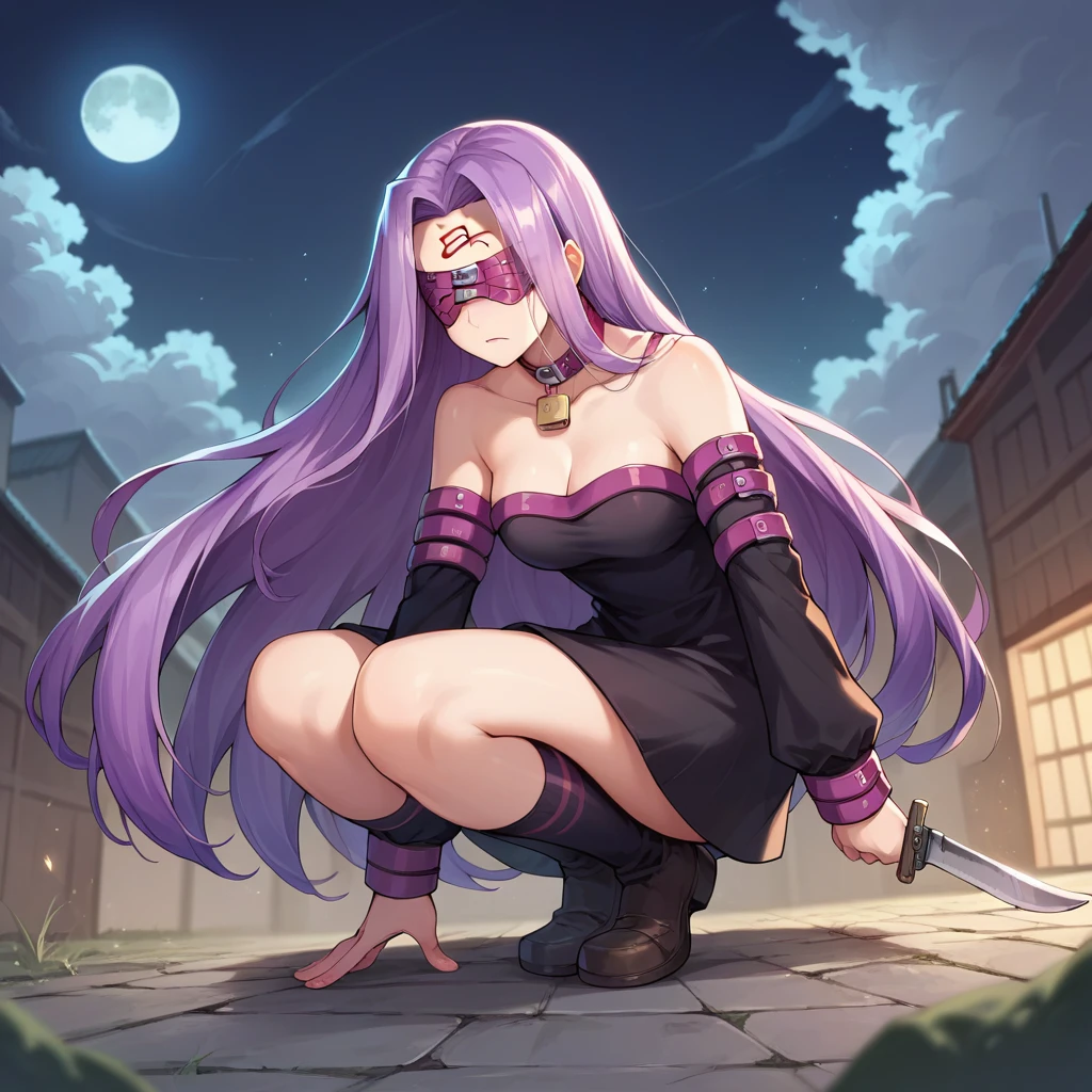 Score_9, Score_8_up, Score_7_up, sauce_anime,
Medasa Rider, Ride Medusa, Long Hair, very Long Hair, Purple Hair, Facial scars, Mark on forehead,
Knee socks, dress, Clevis, Bare Shoulder, sleeves, black dress, collar, Strapless, Strapless dress, Blindfold,
Outdoor, night, night sky, moon, cloud,
Looking at, Cowboy Shot, Dutch Angle, Combat Stance, arms, Lock, knife, (Crouching start pose like crawling on the ground), Super low angle shot,