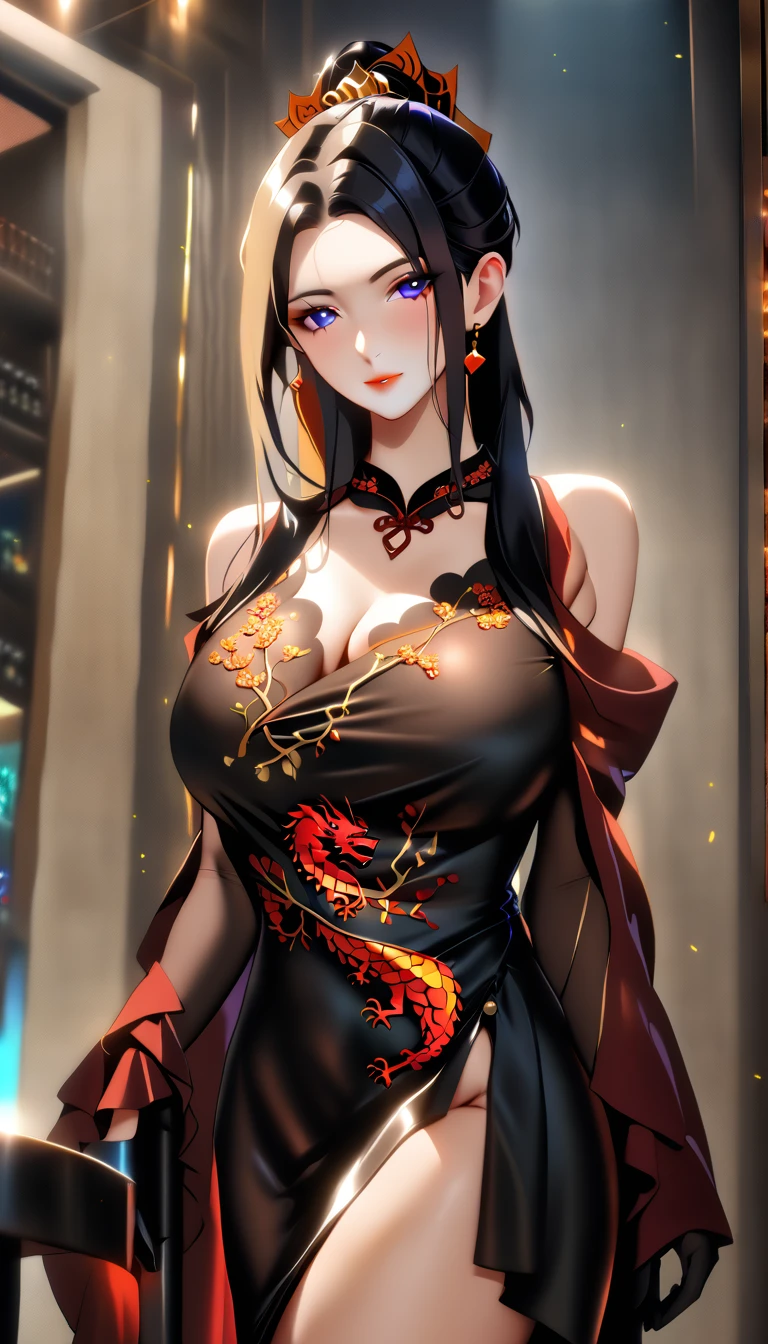 The general manager of the Chinese capital involved in the casino attraction is a female boss of the Chinese mafia. A bewitching 3 Chinese woman MILF., 1mature woman, sexy MILF, evil Femme Fatale, 35yo, solo, Standing posture, aesthetic slyly face, forehead, straight long hair, slicked back hair, black eyes, half lidded eyes, keen eyes, fine and beautiful eyes, perfect eyes, enchanting eyes, beautiful nose, beautiful Nostrils, Sensual mouth, full lips, dark lipstick, glossy lips, Masterpiece of sexy pose, perfect anatomy, ideal facial features, ideally proportioned figure, perfectly beautiful body, super detailed skin, glossy skin, glistening skin, soft and curvy, neckline, body conscious, collarbone, cleavage, saggy huge breasts, A Pitch Black satin open-necked Chinese dress with a golden rising dragon embroidery sewn on the front., exposed shoulders, side slits, beautiful legs, stilettos, masterpiece, incredibly absurd resolution, absolutely resolution, ultra high resolution, professional, vivid colors, Mature Female, MILF, VAMP, slut, bitch, evil seductive smile, Indoors, the counter bar of a high-end Chinese restaurant is currently being rented out for exclusive use, Gloomy and lascivious moody, Cocktail light, low-intensity indirect lighting, Cinematic dark Shadows, straight-on, from below