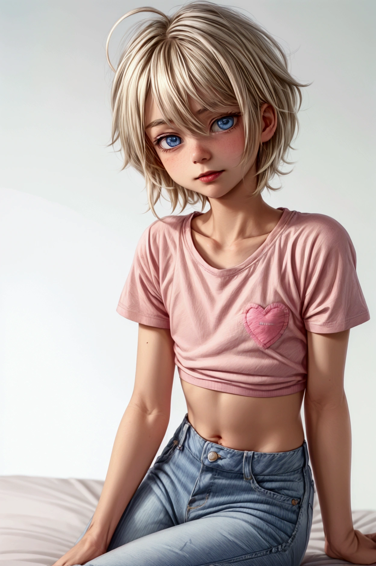 Anime style, Highres, Masterpiece, Best quality at best, Best Quality, hight quality, hight detailed, 1boy, (little boy), blonde boy, boy face, boy body, cute boy, femboy, detailed light blue eyes, short hair, messy hair, bangs, pastel rainbow inner hair color mesh, shy smile, boy flirty posing, sitting on bed, wears a pink and white striped wears a pink and white striped short sleeve cropped T-shirt, (no breast), bare arms, smooth tummy, dark blue denim high waist skinny jeans, (pink hearts embroidered on jeans), (tiny bulge on jeans), boy body, Standing, sunny afternoon on the street, highest quality,