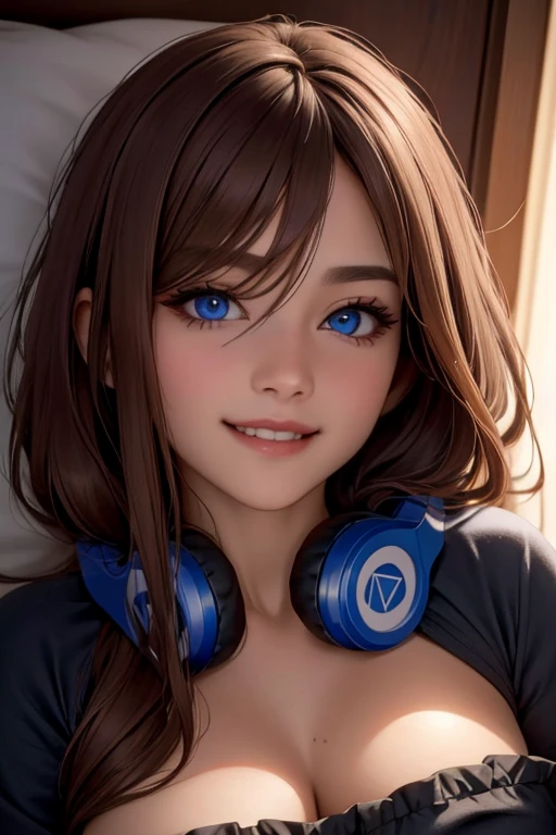 (best quality, 4K, 8K, high resolution, masterpiece: 1.2), ultra-detailed, (realistic, photorealistic: 1.37), Attractive girl, Hot girl, Nakano Miku. (brown hair hair between the eyes, eyeliner, eyeshadow, smoky eyes, (perfect lighting: 1.2), beautiful detailed blue eyes, red lips, headphones around the neck. Bedroom, Dark room, Lying on her bed, smile.