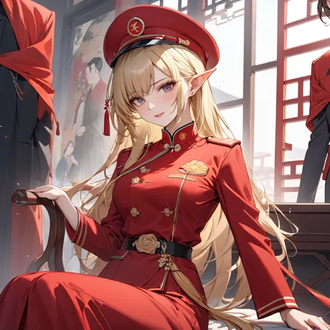 ((best quality)), ((masterpiece)), (detailed), （perfect face）、the woman is seras ashlain, a high elf with medium-long blonde hai...