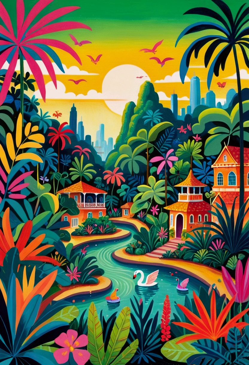 a painting of a colorful city surrounded by trees and plants, jane newland, colorful illustration, beautifully illustrated, colourful jungle, jen bartel, holy city | illustration, colorfull illustration, vibrant gouache painting scenery, detailed gouache paintings, colorful concept art, magical jungle, magical village, mysterious jungle painting, in gouache detailed paintings, vibrant tourism poster, dreamy illustration