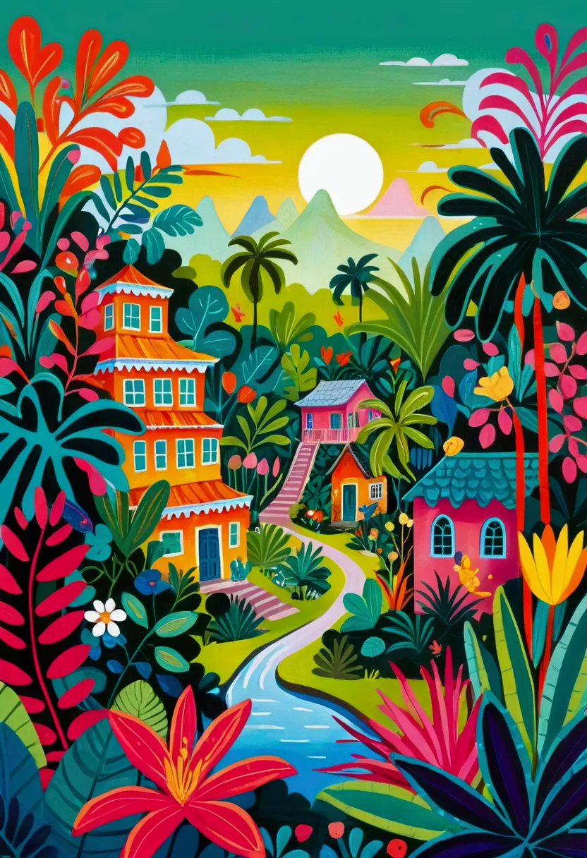 a painting of a colorful city surrounded by trees and plants, jane newland, colorful illustration, beautifully illustrated, colo...