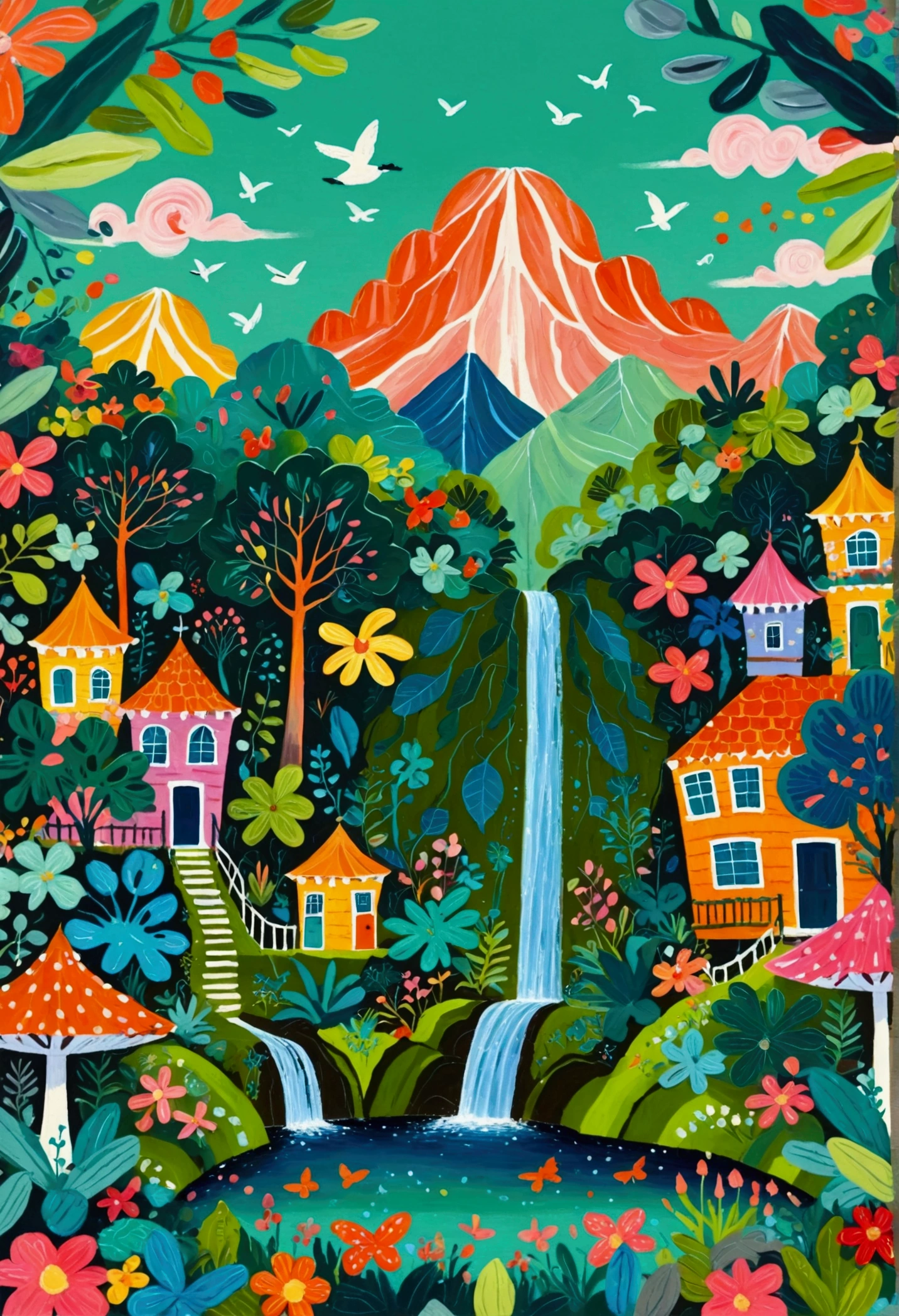 a painting of a colorful city surrounded by trees and plants, jane newland, colorful illustration, beautifully illustrated, colourful jungle, jen bartel, holy city | illustration, colorfull illustration, vibrant gouache painting scenery, detailed gouache paintings, colorful concept art, magical jungle, magical village, mysterious jungle painting, in gouache detailed paintings, vibrant tourism poster, dreamy illustration