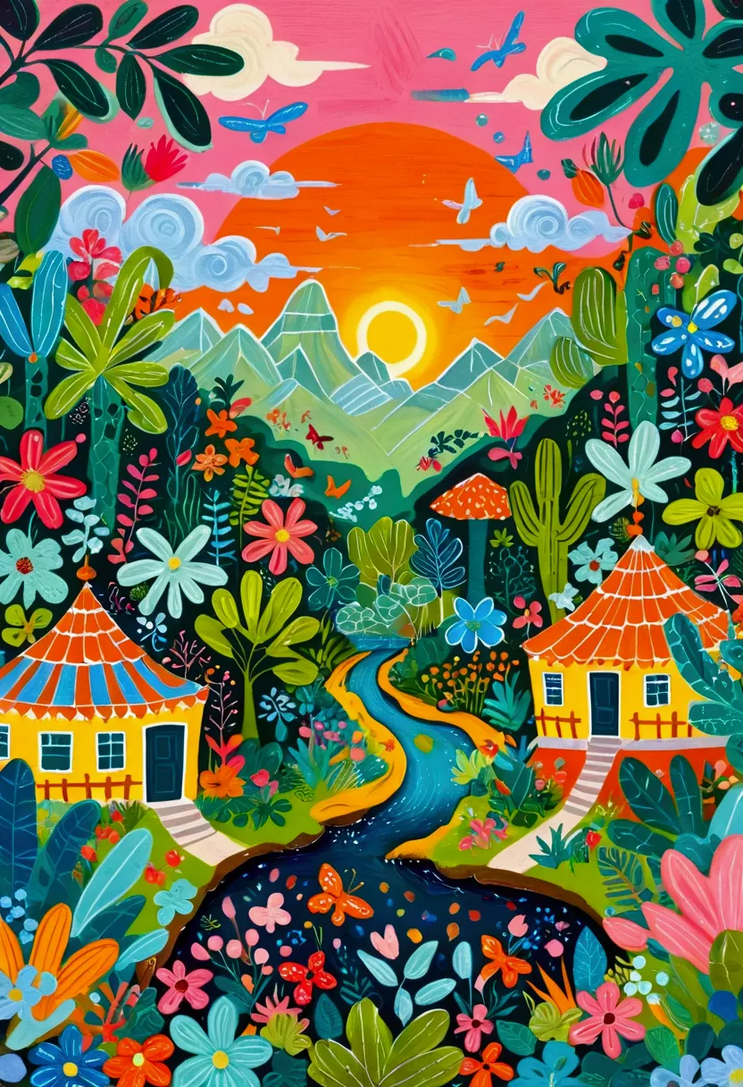 a painting of a colorful city surrounded by trees and plants, jane newland, colorful illustration, beautifully illustrated, colo...