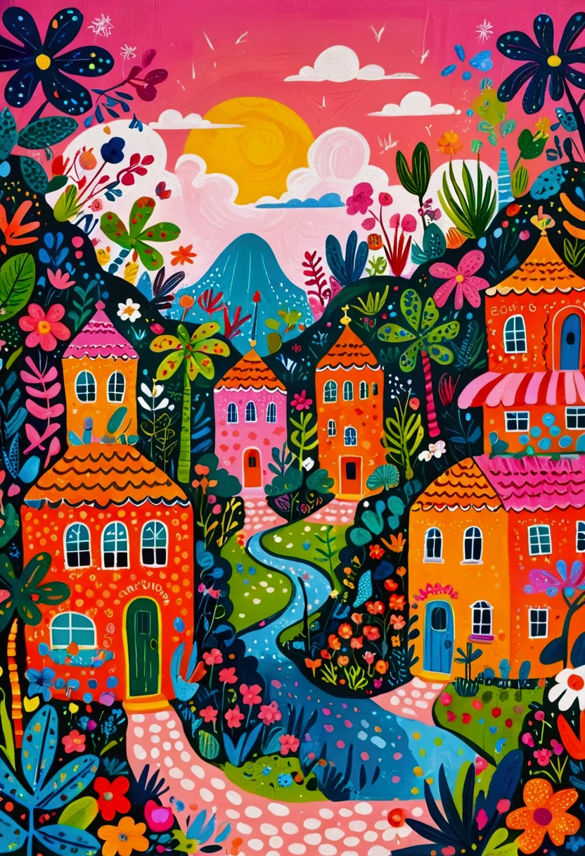 a painting of a colorful city surrounded by trees and plants, jane newland, colorful illustration, beautifully illustrated, colourful jungle, jen bartel, holy city | illustration, colorfull illustration, vibrant gouache painting scenery, detailed gouache paintings, colorful concept art, magical jungle, magical village, mysterious jungle painting, in gouache detailed paintings, vibrant tourism poster, dreamy illustration