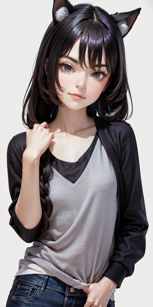 very young slim fit girl, full height, rounded face, very short disheveled dark blue hair, big yellow eyes, shy smile, perfect flat breast, band on head with fake cat ears, look at you, (ahoge:1.2), megane, (white wall, simple scene, white backgrounds, clean scene:1.4), sashagrey, a strand of hair from the bangs hangs between the eyes, accurate small snub nose 