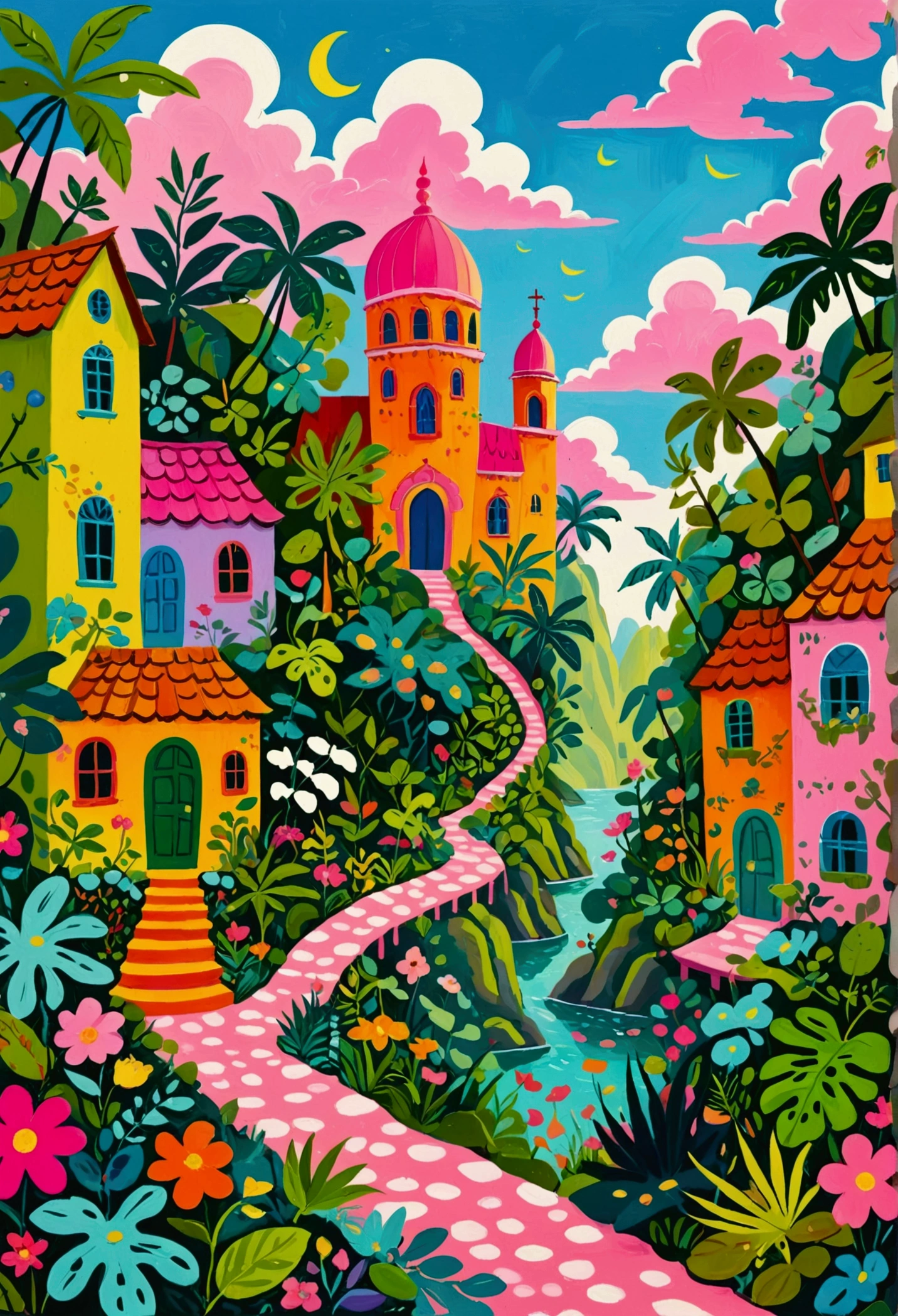 a painting of a colorful city surrounded by trees and plants, jane newland, colorful illustration, beautifully illustrated, colourful jungle, jen bartel, holy city | illustration, colorfull illustration, vibrant gouache painting scenery, detailed gouache paintings, colorful concept art, magical jungle, magical village, mysterious jungle painting, in gouache detailed paintings, vibrant tourism poster, dreamy illustration