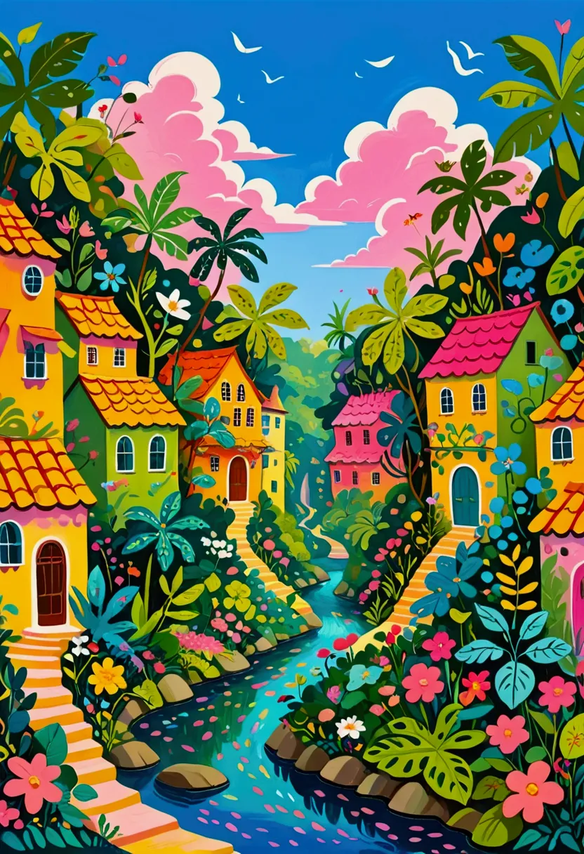 a painting of a colorful city surrounded by trees and plants, jane newland, colorful illustration, beautifully illustrated, colo...