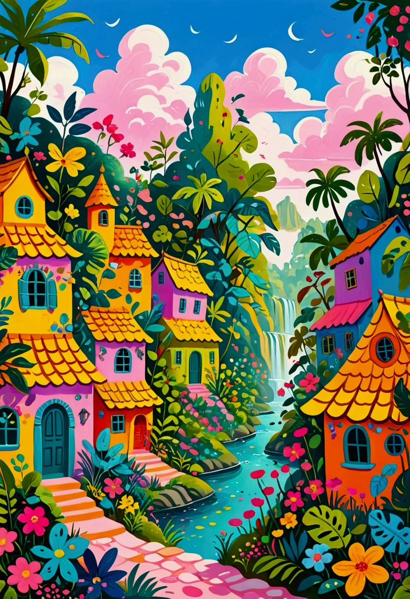 a painting of a colorful city surrounded by trees and plants, jane newland, colorful illustration, beautifully illustrated, colourful jungle, jen bartel, holy city | illustration, colorfull illustration, vibrant gouache painting scenery, detailed gouache paintings, colorful concept art, magical jungle, magical village, mysterious jungle painting, in gouache detailed paintings, vibrant tourism poster, dreamy illustration