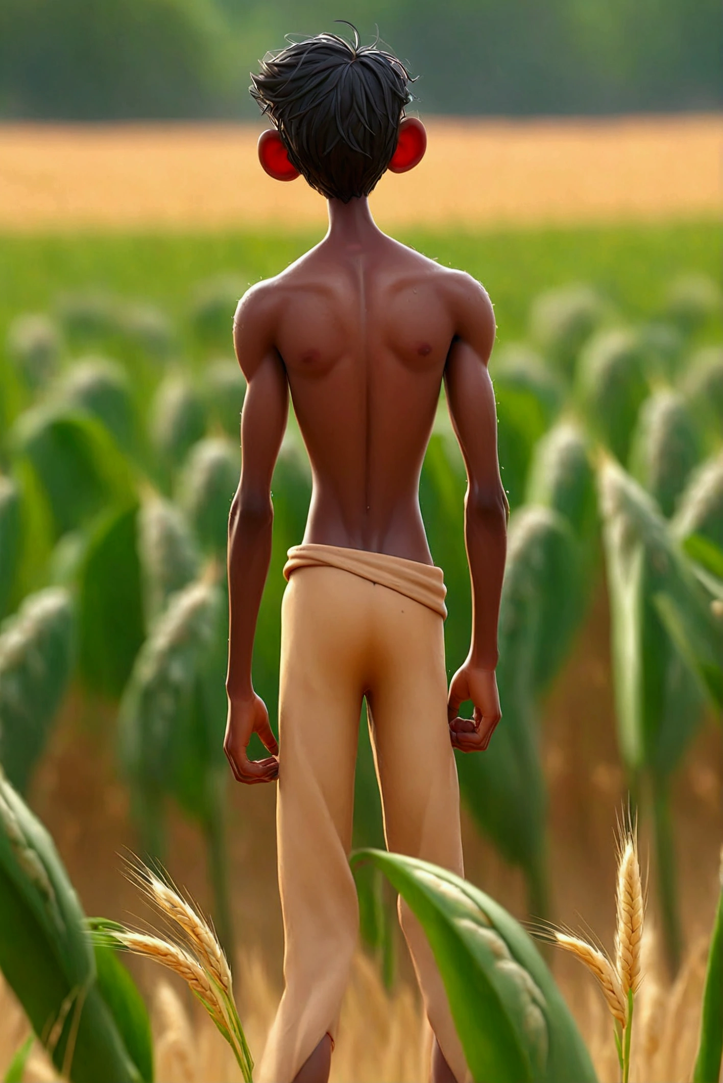  A skinny tall pakistani village, boy darkest skin tone playing with this friends in the wheat fields of his village. Shirtless. Wearing nothing at all. Showing back side butt to his all friends, they are standing in the side and watching him. Only darkest body tone, showing backside ass butt. .. Raining, all wet