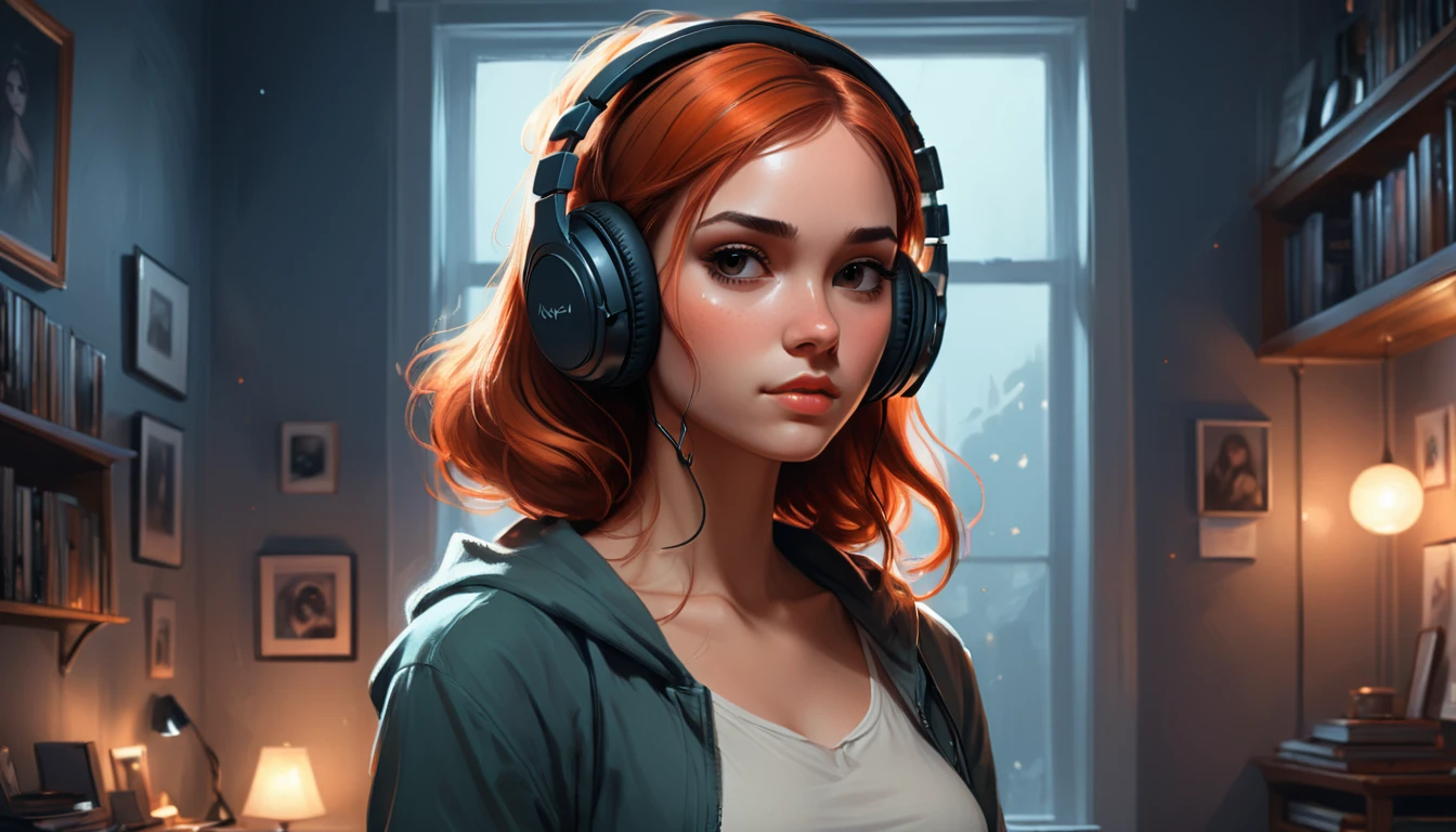 there is a woman wearing headphones standing in a room, cozy, realistic artstyle, background midnight flight artwork, neoartcore and charlie bowater, charlie bowater art style, artgerm and atey ghailan, stunning digital illustration, realistic cute girl painting, artgerm jsc, charlie bowater character art, high quality portrait, realism artstyle, beautiful digital artwork